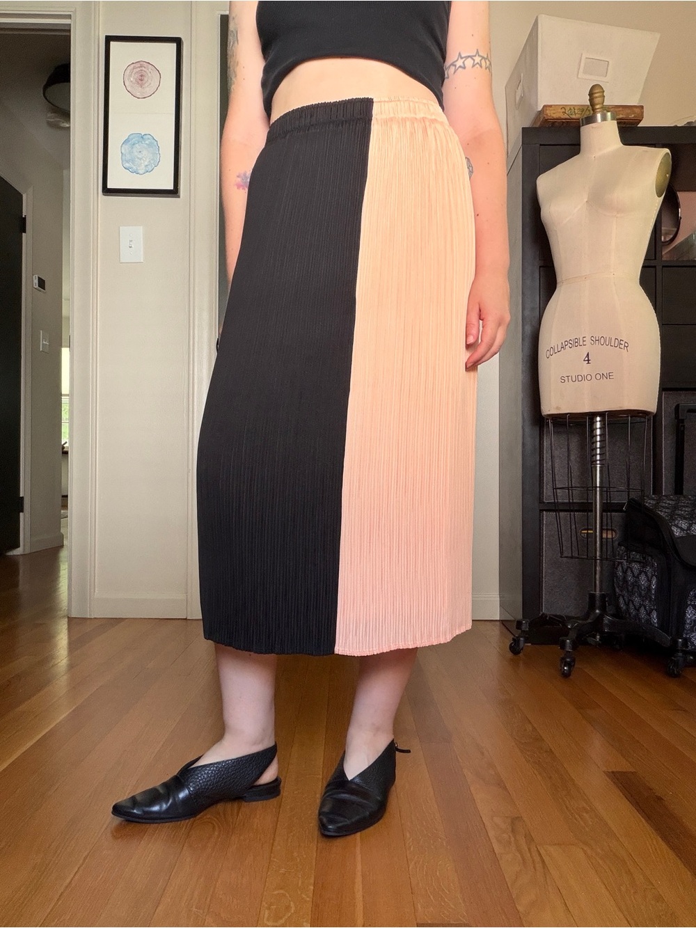 Proenza Schouler Black & Peach Colorblock Pleated Midi Skirt